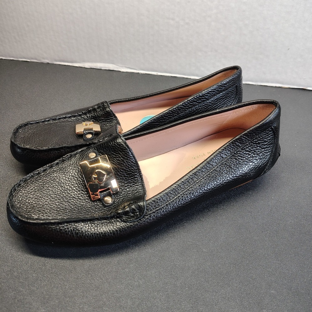 Kate Spade Drivers Women 9 Black Leather Spade Hardware Loafers